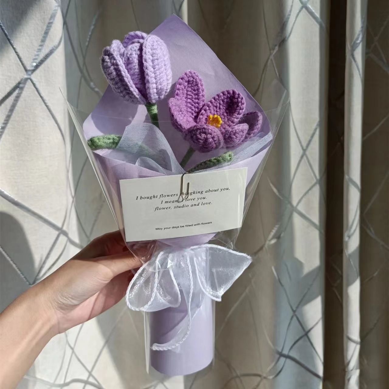 Rose and tulip knitted bouquet